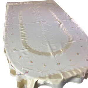 Vintage Hand Embroidered Yellow Jacquard Tablecloth Large 51" x 84"